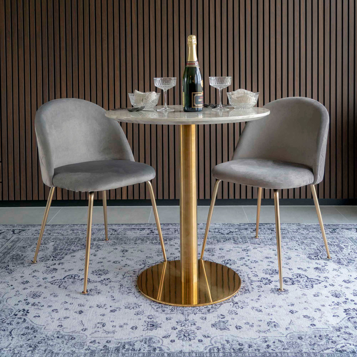 Dining Table – Marble Effect Tabletop, Brass Effect Frame, Round Design – Bolzano | House Nordic