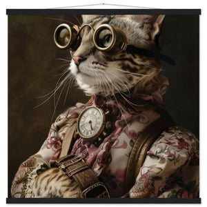 School Poster - Steampunk Vintage Savannah Cat Motif, Matte FSC Paper, Magnetic Wooden Rails | St Tropez Art