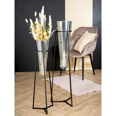 Bodenvase – Silbernes Glas, Schwarzer Akzent, 82cm Höhe - Future | Gilde
