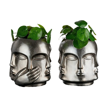 Gesichtsvase – Silberne Keramik, Glänzende Oberfläche, Handmotiv - Ponto | Gilde