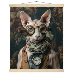 Schulposter - Weibliche Sphynx-Katze, Steampunk-Stil, klassische silberfarbene Uhr, bronzefarbene Brille | St Tropez Art