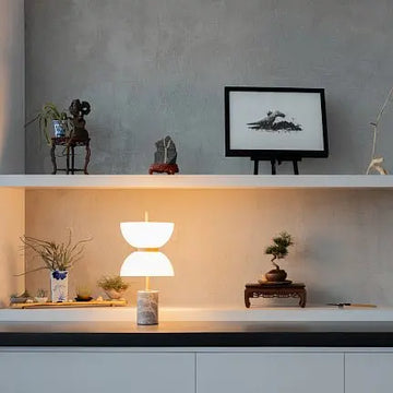 Table Lamp with Grey Marble Base, Gold Metal Arm & White Glass Diffuser – Kyoto | Maytoni