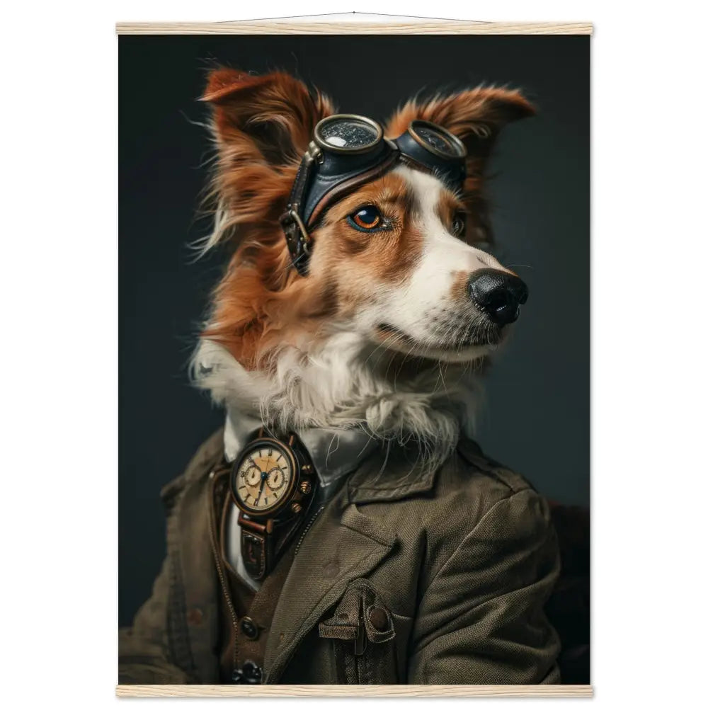 School Poster - American Foxhound, steampunk style, antique gold colored clock, black leather glasses | St Tropez Art