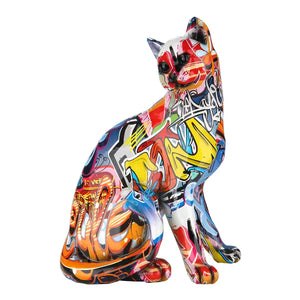 Katzenfigur – Mehrfarbiges Graffiti, Kunstharz, Höhe 29 cm - Street Art | Gilde