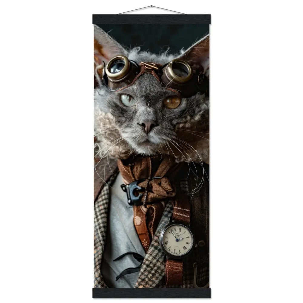 Schoolposter - Lykoi-Katze, karierter Mantel, Lederakzente, silberne Taschenuhr | St Tropez Art