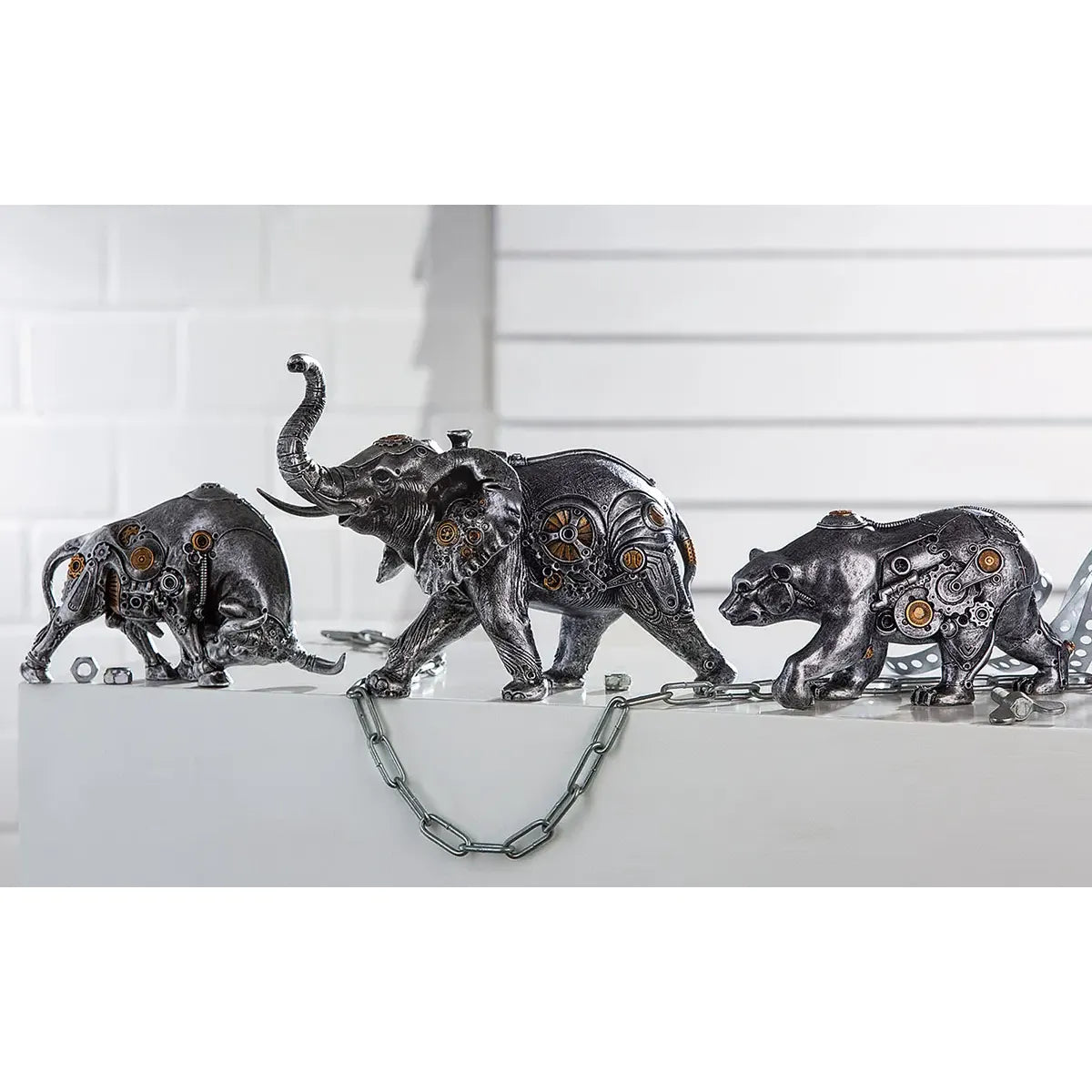 Dekofigur – Silberner Elefant, Kupferfarbener Akzent, Höhe 23 cm - Steampunk Elephant | Gilde