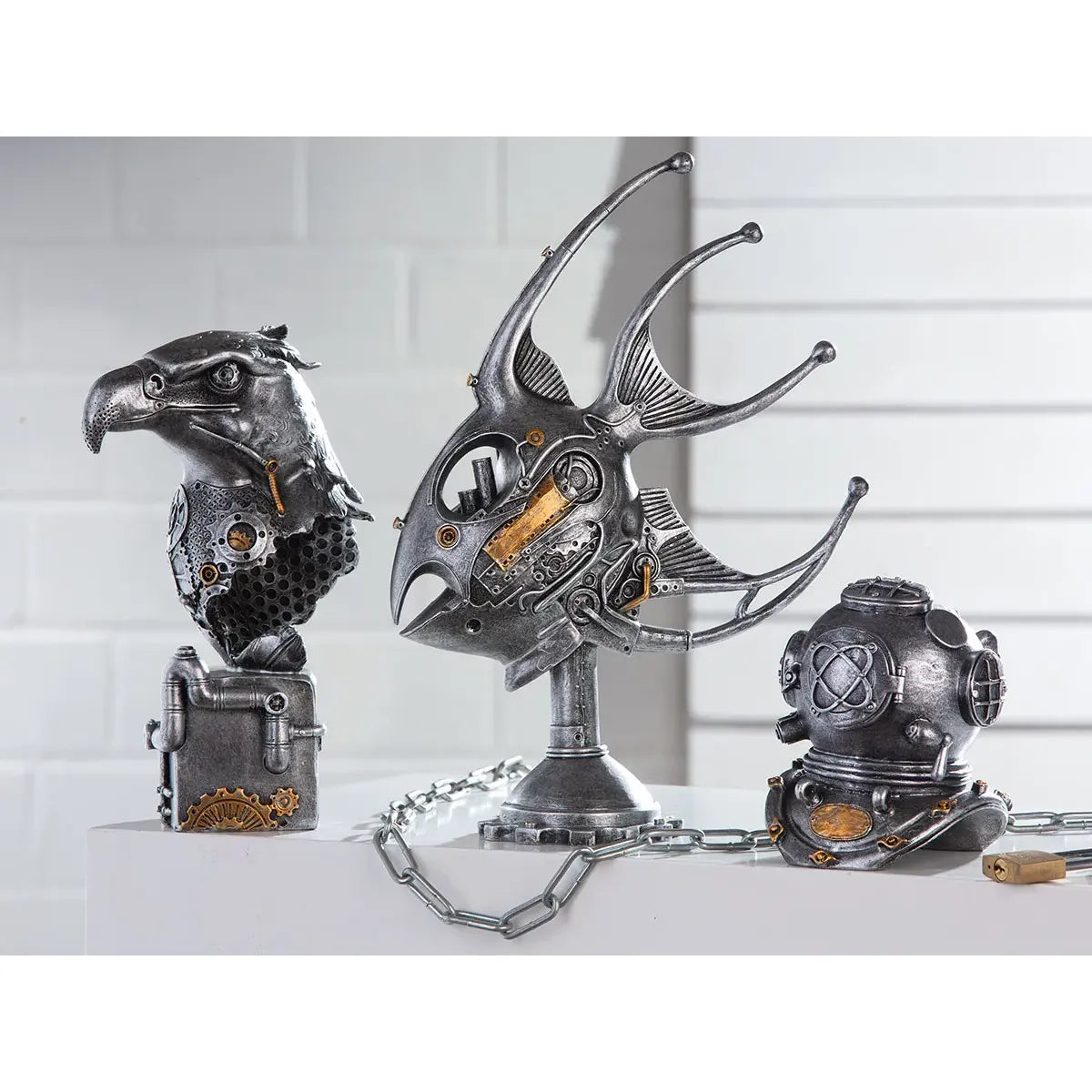 Skulptur – Silberner Vogel, Kupferfarbener Akzent, Höhe 27 cm - Steampunk Eagle | Gilde