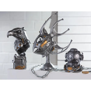 Skulptur – Silberner Vogel, Kupferfarbener Akzent, Höhe 27 cm - Steampunk Eagle | Gilde
