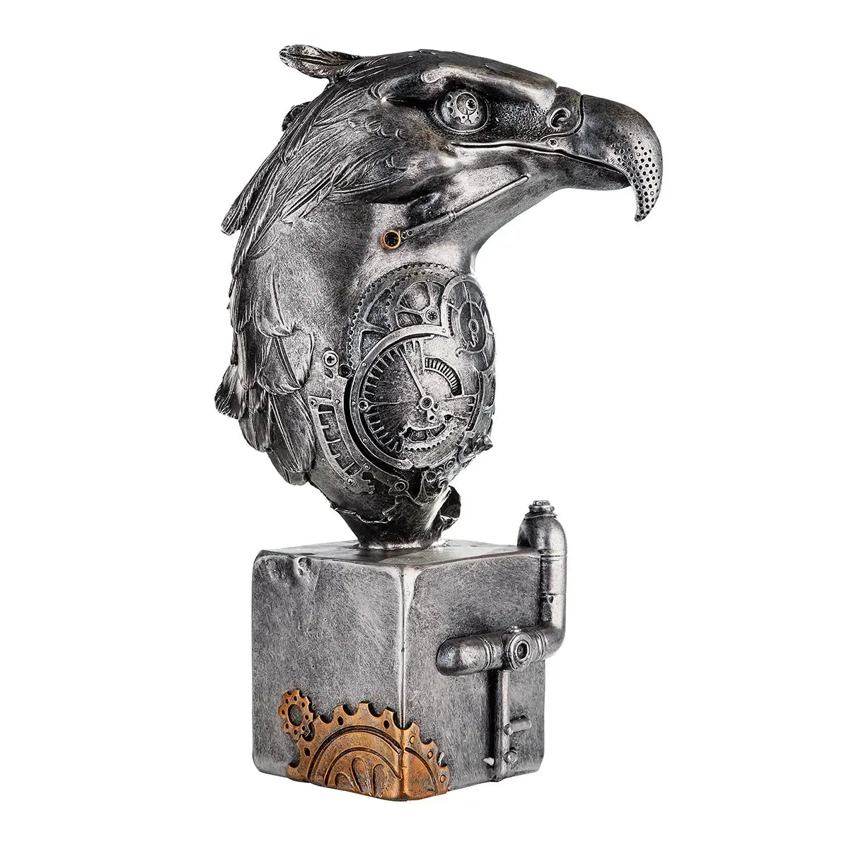 Skulptur – Silberner Vogel, Kupferfarbener Akzent, Höhe 27 cm - Steampunk Eagle | Gilde