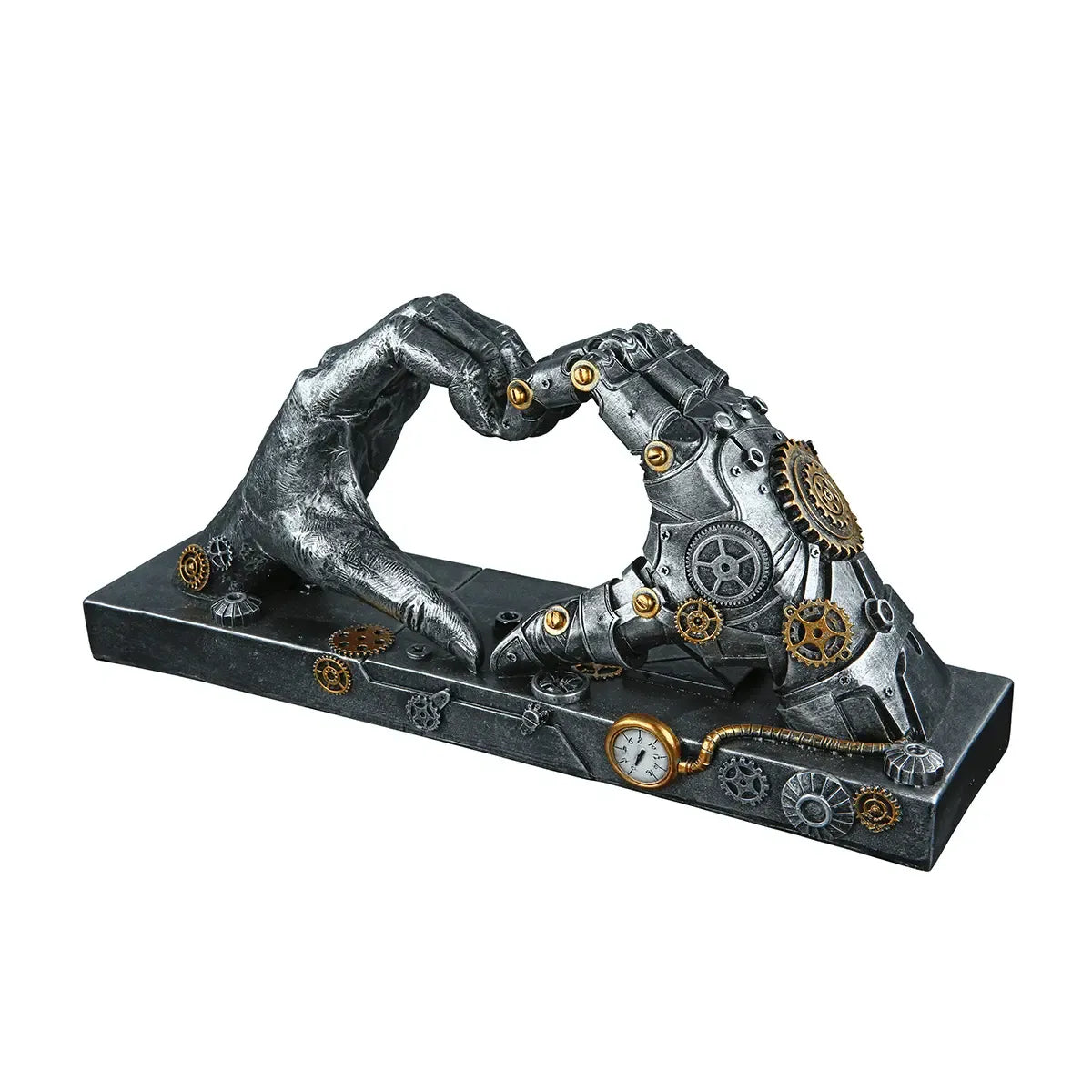 Skulptur – Silbernes Herz, Kupferfarbener Akzent, Höhe 16 cm - Steampunk Hand | Gilde