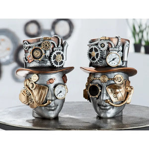 Dekoobjekt – Silberner Kopf, Kupferfarbener Akzent, Höhe 20 cm - Steampunk Male | Gilde