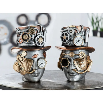 Dekoobjekt – Silberner Kopf, Kupferfarbener Akzent, Höhe 20 cm - Steampunk Male | Gilde