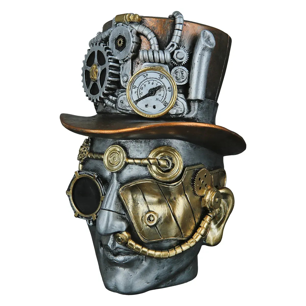Dekoobjekt – Silberner Kopf, Kupferfarbener Akzent, Höhe 20 cm - Steampunk Male | Gilde