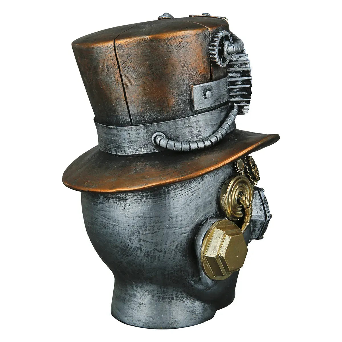 Dekoobjekt – Silberner Kopf, Kupferfarbener Akzent, Höhe 20 cm - Steampunk Male | Gilde