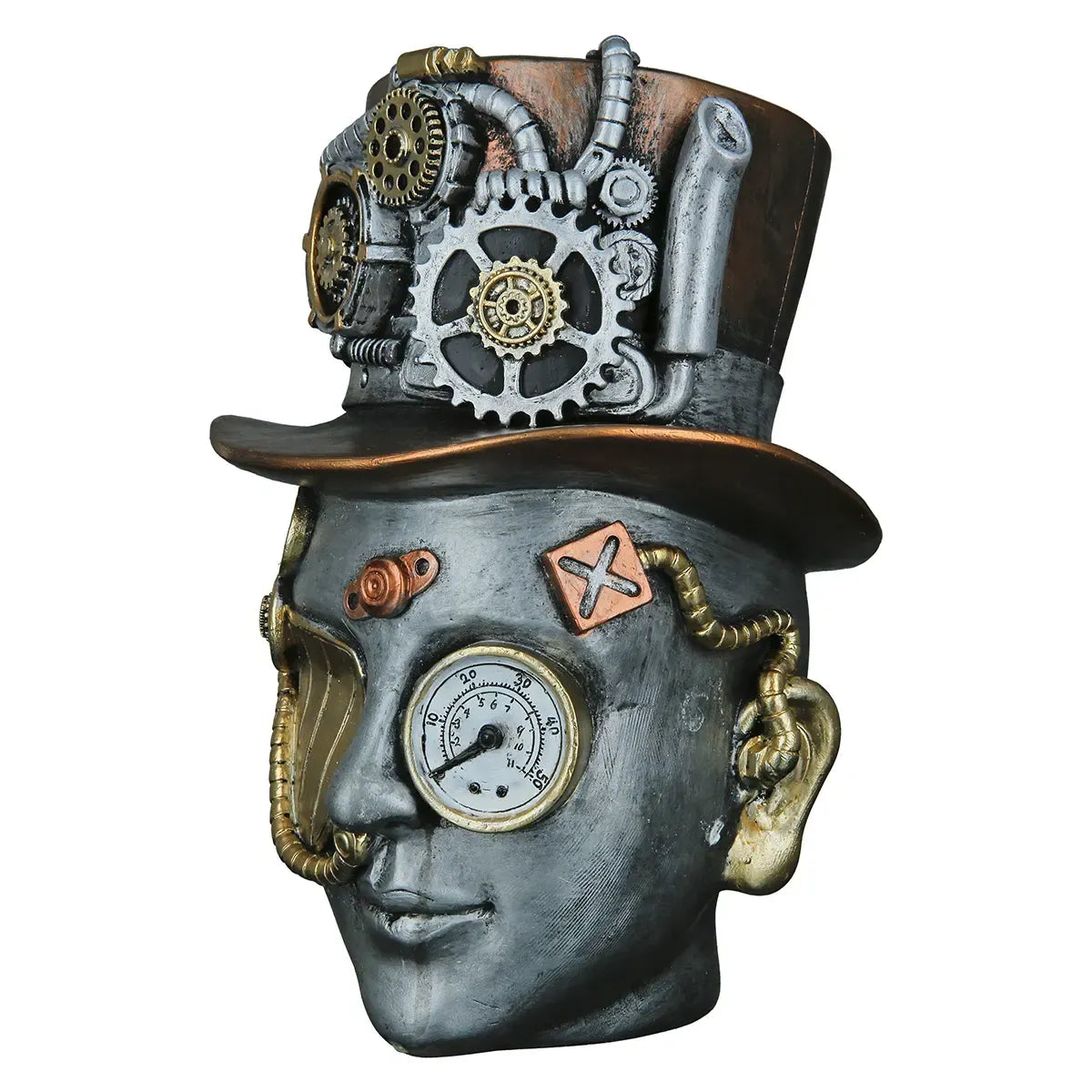 Dekoobjekt – Silberner Kopf, Kupferfarbener Akzent, Höhe 20 cm - Steampunk Female | Gilde