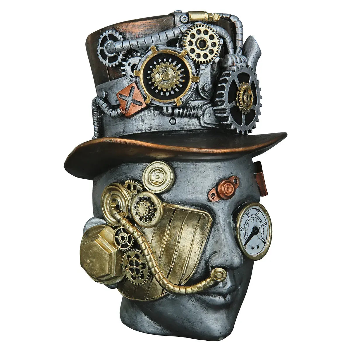 Dekoobjekt – Silberner Kopf, Kupferfarbener Akzent, Höhe 20 cm - Steampunk Female | Gilde