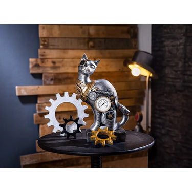 Dekofigur – Silberne Katze, Schwarzer Akzent, Steampunk Design, 30 cm - Steampunk Cat | Gilde