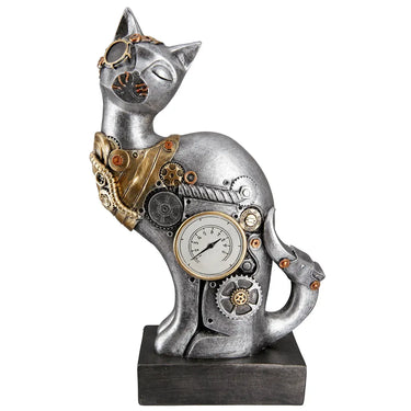 Dekofigur – Silberne Katze, Schwarzer Akzent, Steampunk Design, 30 cm - Steampunk Cat | Gilde