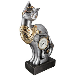 Dekofigur – Silberne Katze, Schwarzer Akzent, Steampunk Design, 30 cm - Steampunk Cat | Gilde