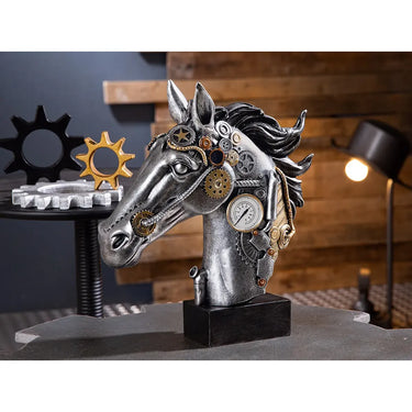 Skulptur – Silbernes Pferd, Schwarzer Akzent, Steampunk Design, 34 cm - Steampunk Horse | Gilde