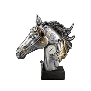 Skulptur – Silbernes Pferd, Schwarzer Akzent, Steampunk Design, 34 cm - Steampunk Horse | Gilde