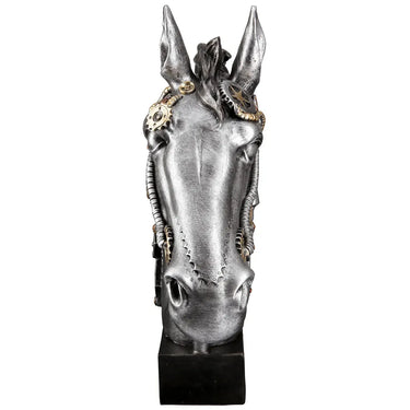 Skulptur – Silbernes Pferd, Schwarzer Akzent, Steampunk Design, 34 cm - Steampunk Horse | Gilde