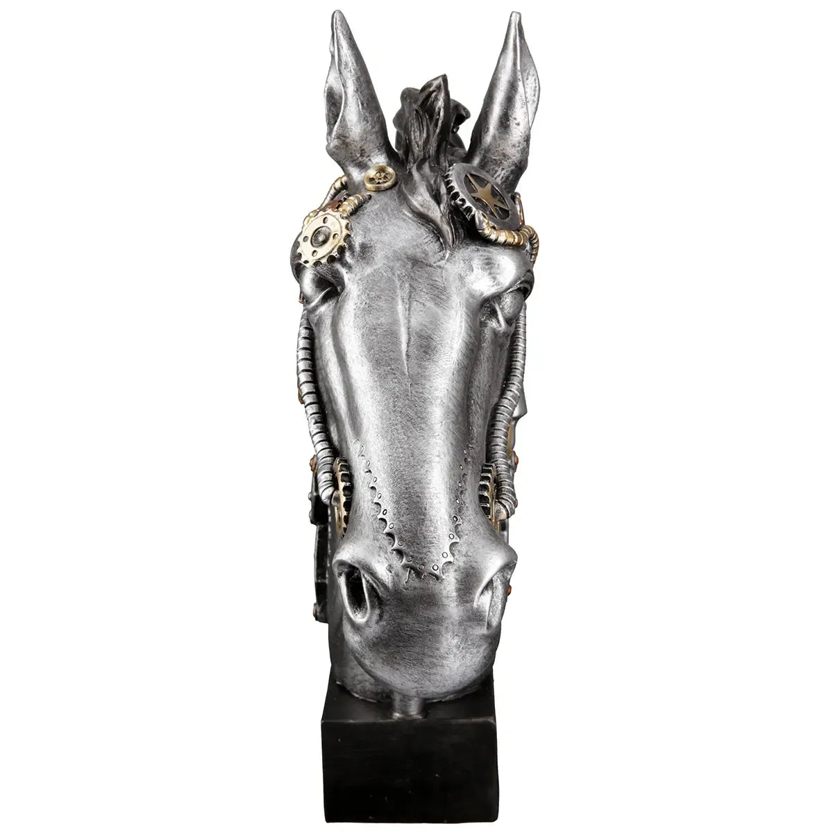 Skulptur – Silbernes Pferd, Schwarzer Akzent, Steampunk Design, 34 cm - Steampunk Horse | Gilde