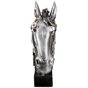 Skulptur – Silbernes Pferd, Schwarzer Akzent, Steampunk Design, 34 cm - Steampunk Horse | Gilde