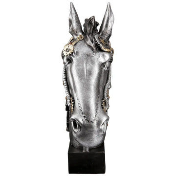Skulptur – Silbernes Pferd, Schwarzer Akzent, Steampunk Design, 34 cm - Steampunk Horse | Gilde