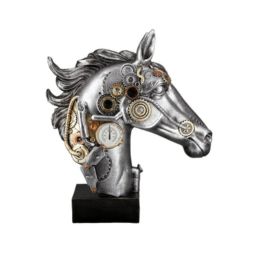 Skulptur – Silbernes Pferd, Schwarzer Akzent, Steampunk Design, 34 cm - Steampunk Horse | Gilde
