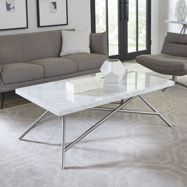 Coffee Table - Carrara Marble Top, Stainless Steel Base, Mitered Edges – Coral | Modus Furniture International