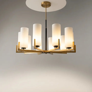 Chandelier Metal in Brass and Black with White Cylindrical Glass Shades E27 Socket – Fortano | Maytoni
