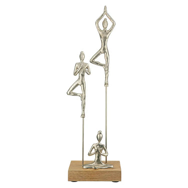 Skulptur – Silberfarbenes Aluminium, Natürliches Mangoholz, Yoga Motiv - Yogagruppe | Gilde