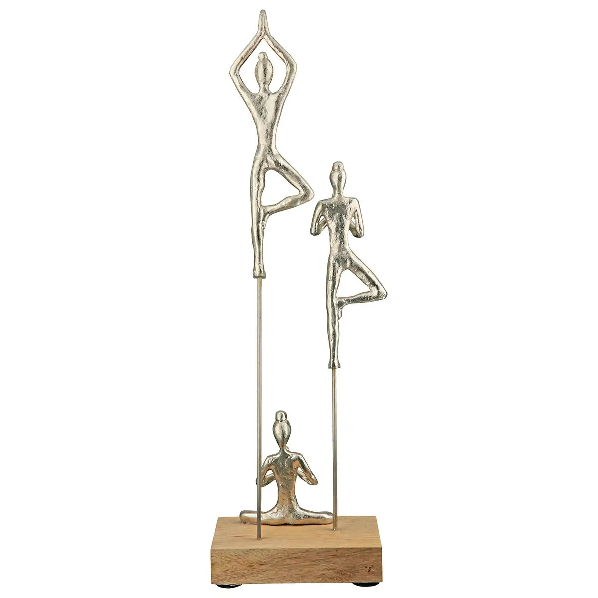 Skulptur – Silberfarbenes Aluminium, Natürliches Mangoholz, Yoga Motiv - Yogagruppe | Gilde