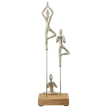Skulptur – Silberfarbenes Aluminium, Natürliches Mangoholz, Yoga Motiv - Yogagruppe | Gilde