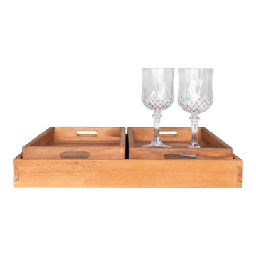 Tablett – Natur-Teakholz, integrierte Griffe, 3er-Set - Faro | House Nordic