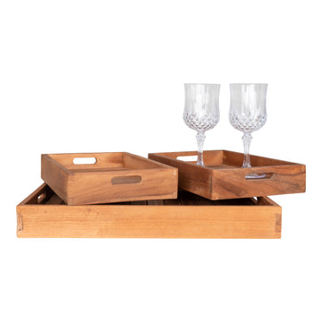 Tablett – Natur-Teakholz, integrierte Griffe, 3er-Set - Faro | House Nordic