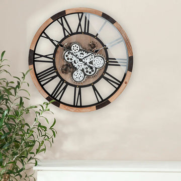 Wanduhr – Natürliches Holz, Schwarzer Stahl, Bewegtes Zahnrad | Gilde
