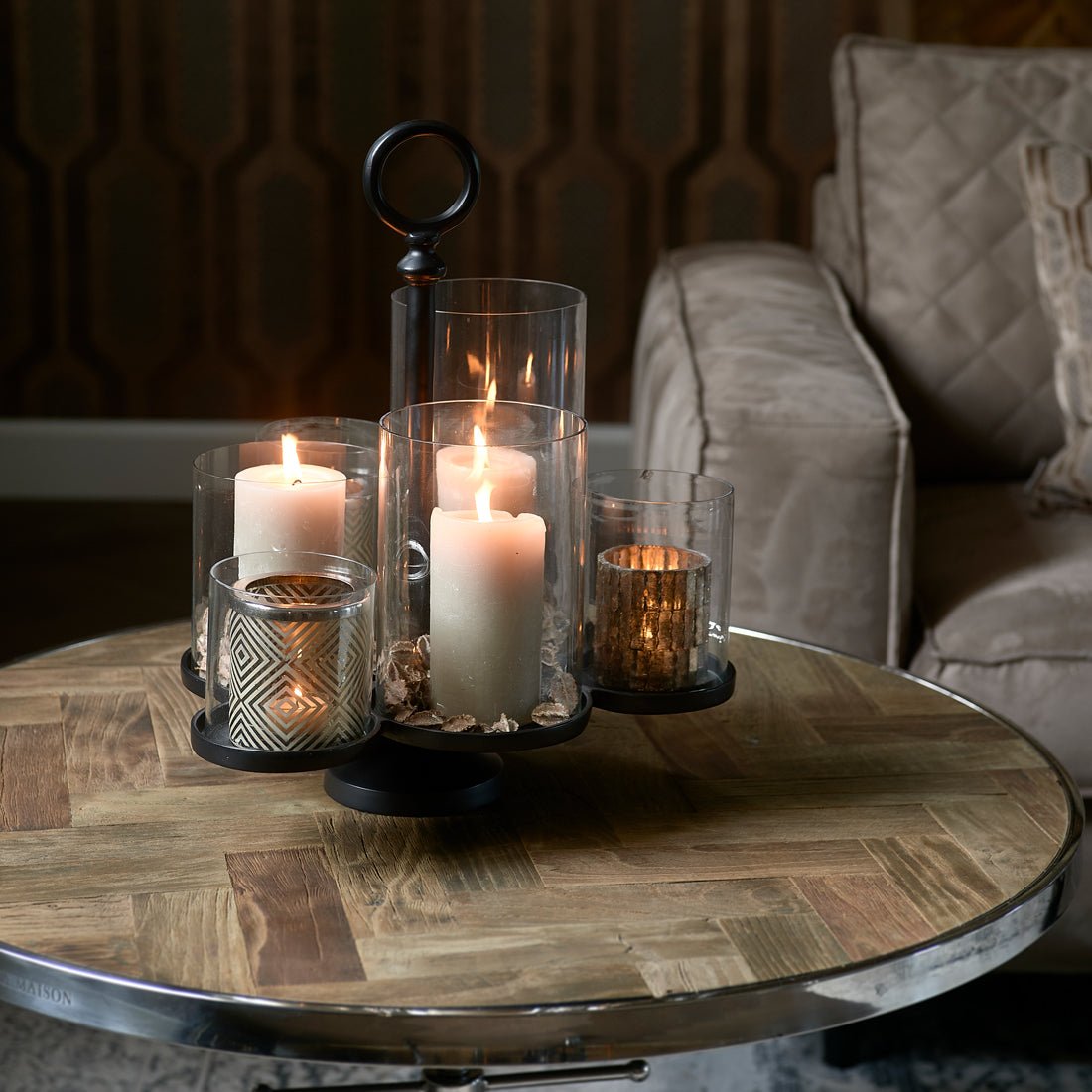 Laternenhalter Mattschwarz Aluminium und Glas, Silber, 36.5x35x42 cm – Lisbon Multiple Hurricane 1 | Rivièra Maison - Esszett Luxury | Stilvolles Wohnen mit Charakter