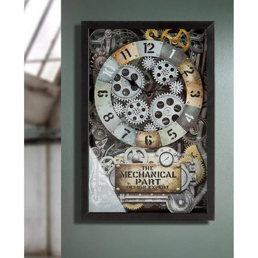 Wanduhr – Champagnerfarbenes Metall, Schwarze Akzente, Bewegtes Zahnrad - Steampunk | Gilde