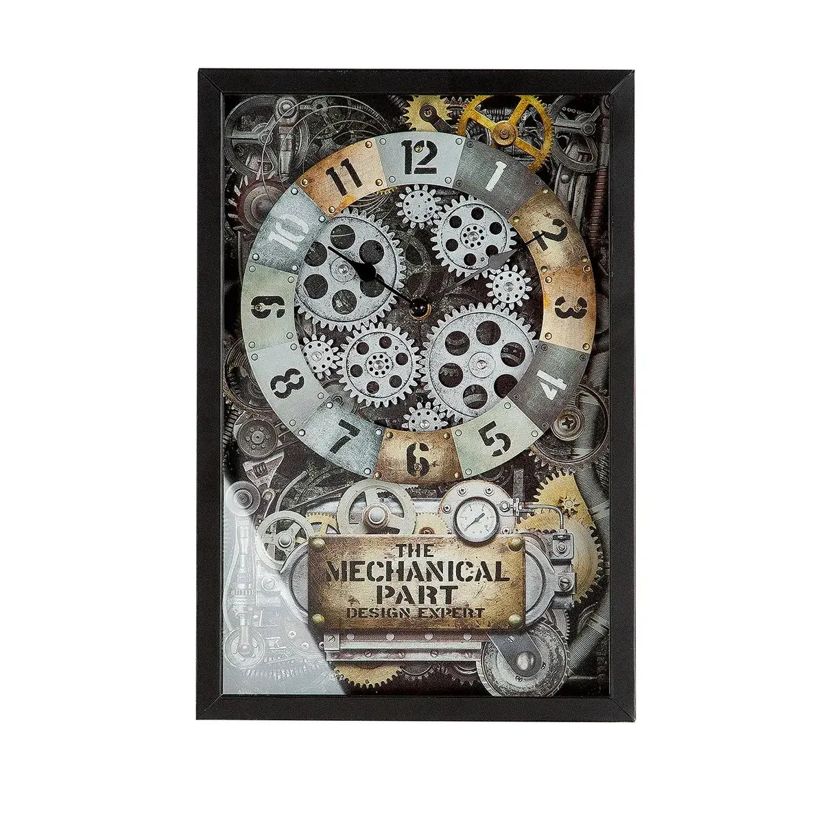 Wanduhr – Champagnerfarbenes Metall, Schwarze Akzente, Bewegtes Zahnrad - Steampunk | Gilde