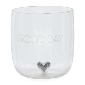 Wasserglas transparent, mundgeblasen mit Herz und Silberglitzer – Good Day (T11, G55) | Rivièra Maison - Esszett Luxury | Stilvolles Wohnen mit Charakter