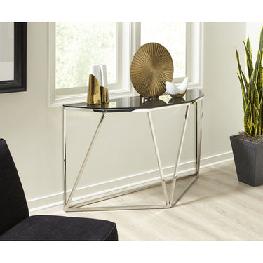 Console Table - Smoked Glass Top, Polished Stainless Steel Base, Geometric Design – Aria | Modus Furniture International