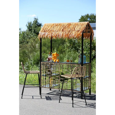 Bar – Naturfarbenes Polyrattan, Schwarzes Metall, Zwei Stühle - Hawaii | Gilde