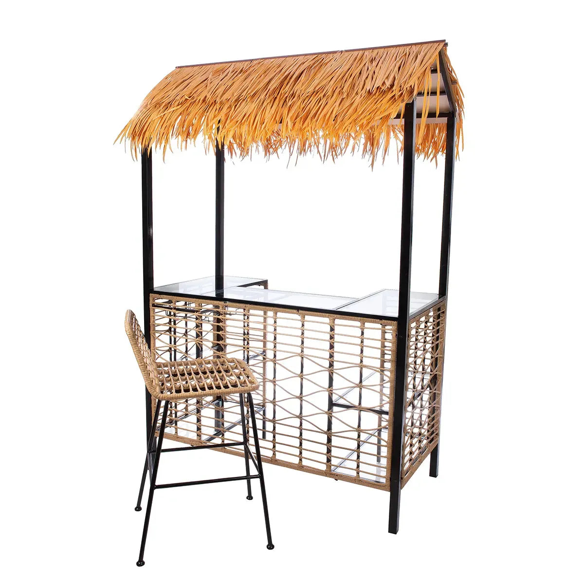 Bar – Naturfarbenes Polyrattan, Schwarzes Metall, Zwei Stühle - Hawaii | Gilde