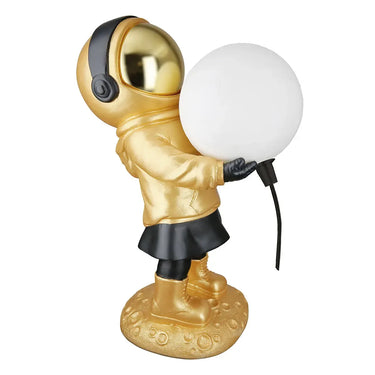 Tischleuchte – Goldener Astronaut, LED Kugel, Schwarze Akzente - Apollo | Gilde
