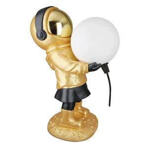 Tischleuchte – Goldener Astronaut, LED Kugel, Schwarze Akzente - Apollo | Gilde