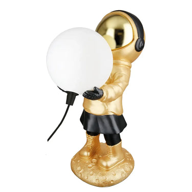 Tischleuchte – Goldener Astronaut, LED Kugel, Schwarze Akzente - Apollo | Gilde
