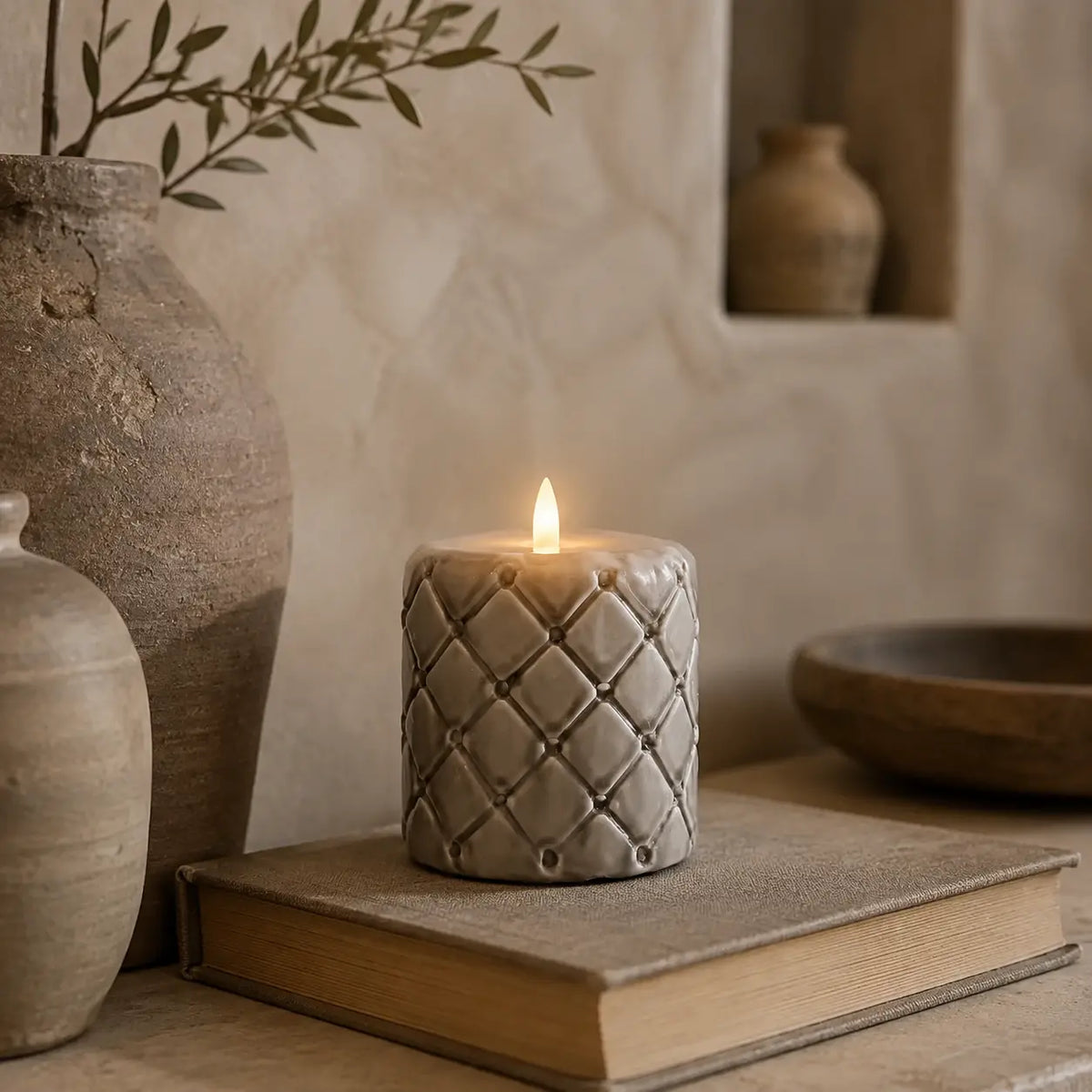 Pillar Candle Beige Plaid Pattern Paraffin (ØxH 9.5x10) - Pillar | Rivièra Maison