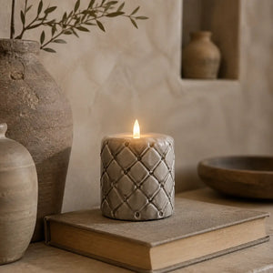 Pillar Candle Beige Plaid Pattern Paraffin (ØxH 9.5x10) - Pillar | Rivièra Maison